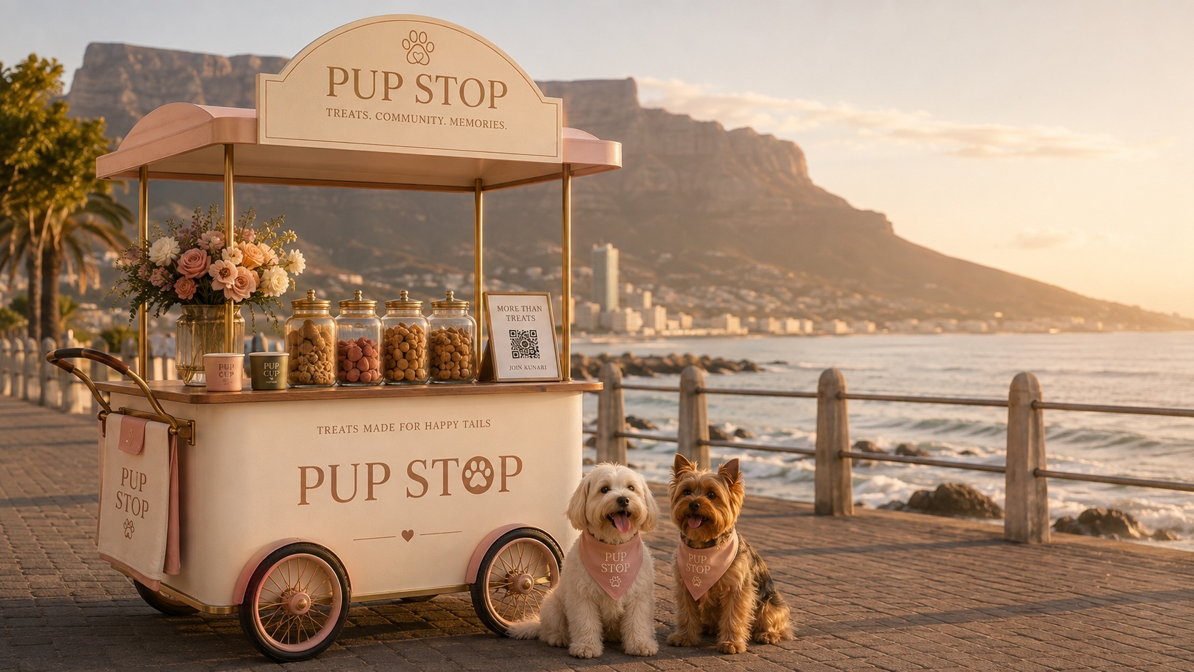 The cream and blush Pup Stop cart on the Sea Point promenade
