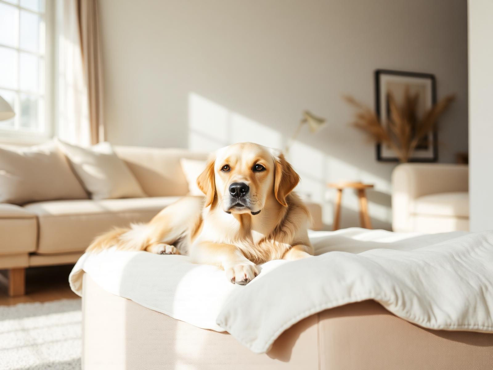A dog resting in warm morning light