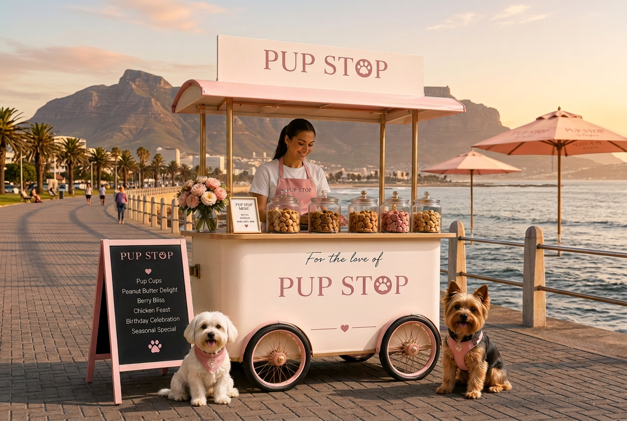 Pup Stop cart on the Sea Point promenade with Table Mountain in the background
